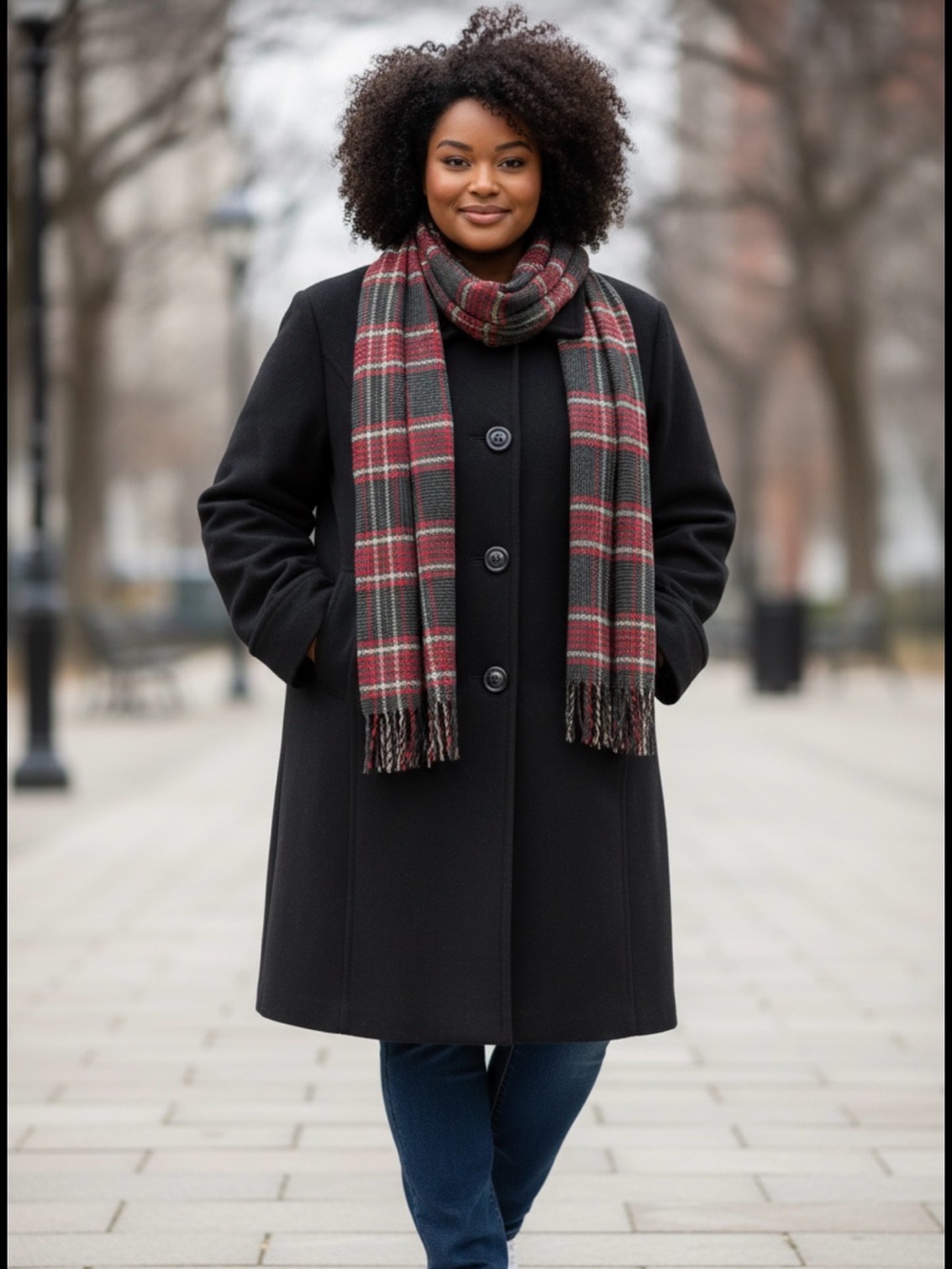 Liz Claiborne Black Wool-Blend Pea Coat with Red Plaid Scarf